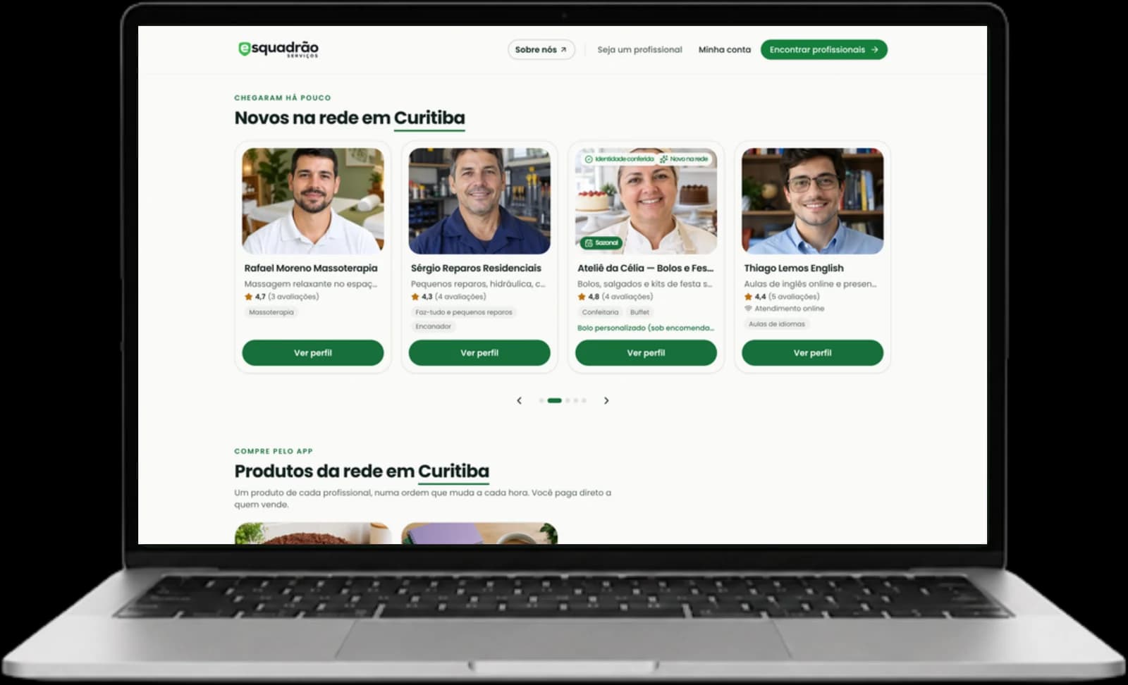 A vitrine de profissionais da Esquadrão no computador
